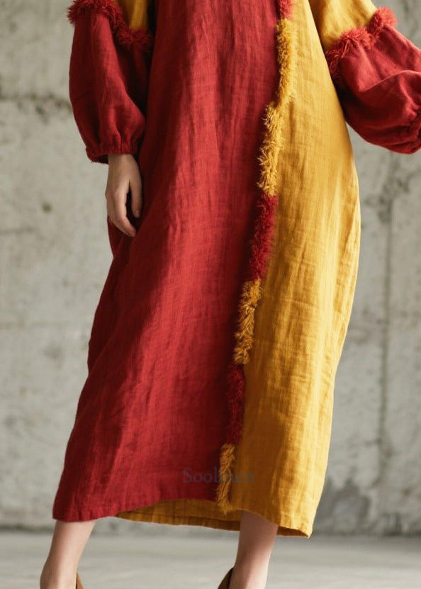 Mixed Color Asymmetrical Patchwork Faux Fur Long Dress Fall