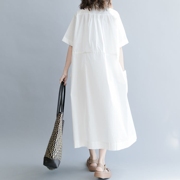 Baggy White Cotton Blended Dress Oversize Dress Short Sleeve Pockets Turn-down Collar Baggy Dresses Cotton Blended Clothing Dresses