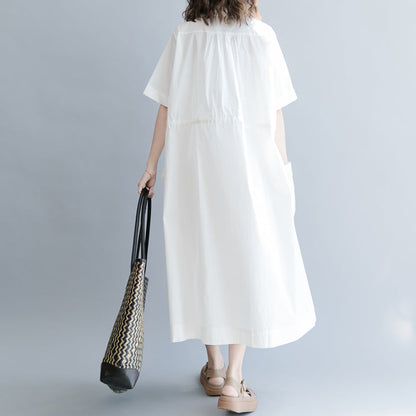 Baggy White Cotton Blended Dress Oversize Dress Short Sleeve Pockets Turn-down Collar Baggy Dresses Cotton Blended Clothing Dresses
