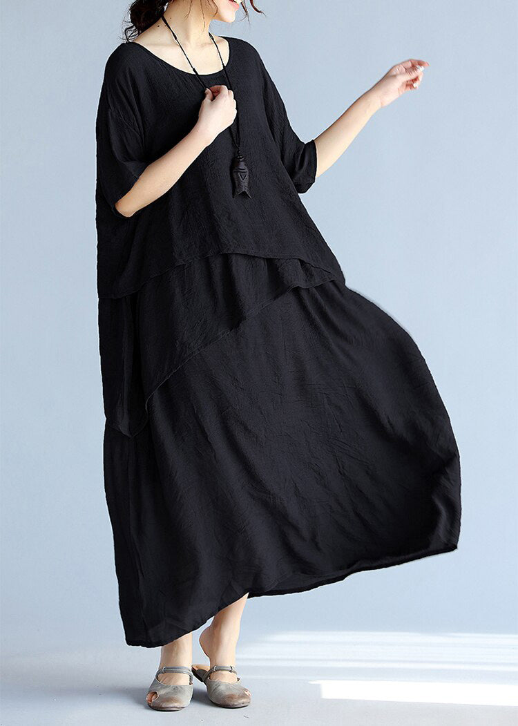 Baggy Gray Long Linen Dresses Oversized Layered Cotton Maxi Dress Short Sleeve Cotton Clothing