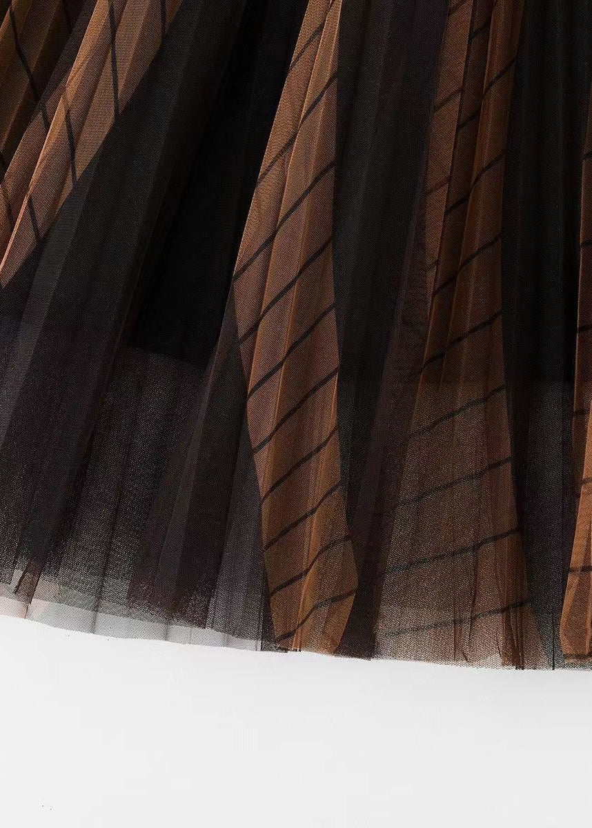 Coffee Gradient Elastic Waist Pleated Skirt Spring