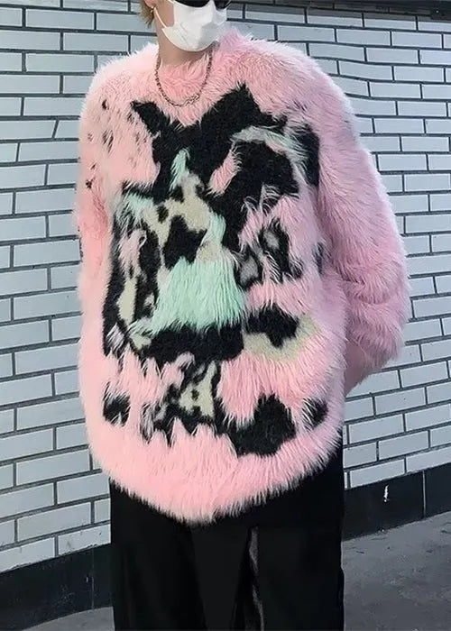 Art Pink O Neck Patchwork Mink Velvet Sweaters Winter