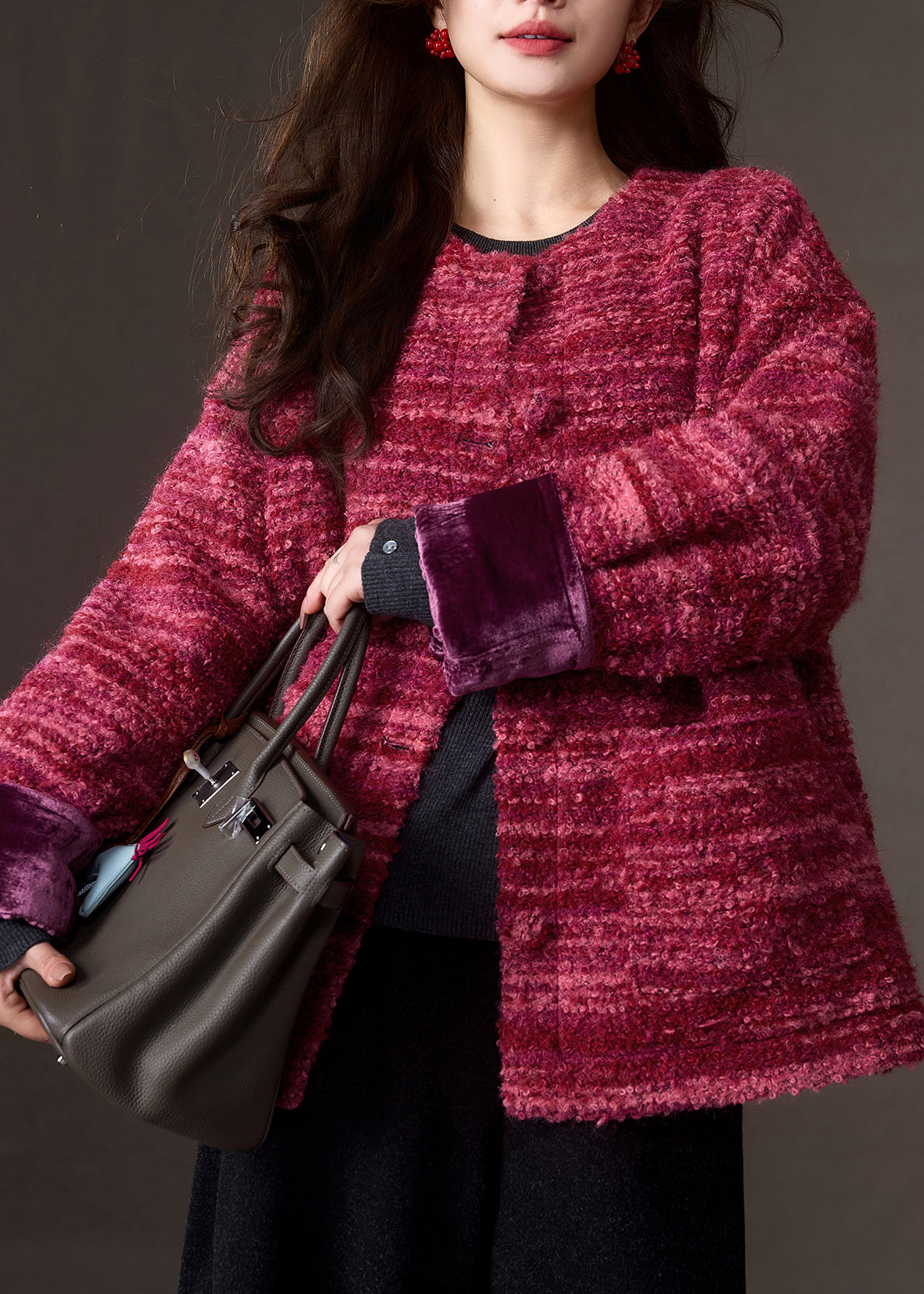 Red Patchwork Button Cashmere Down Coats Winter