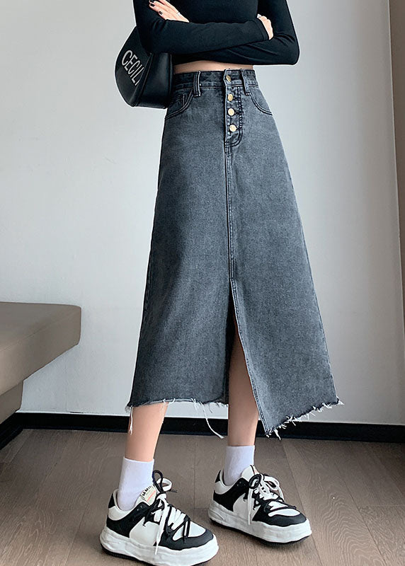 Stylish Black Grey High Waist Side Open Asymmetrical Cotton a Line Skirts Summer