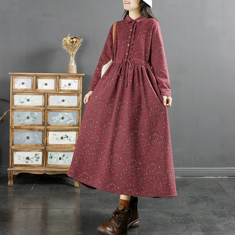 Winter Retro Furred Cotton Linen Dress