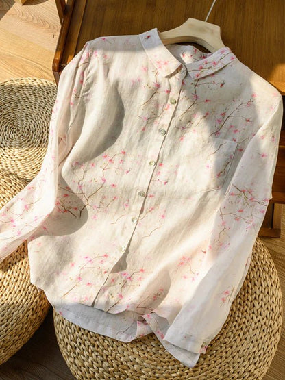 Print Long Sleeve Linen Shirt Top