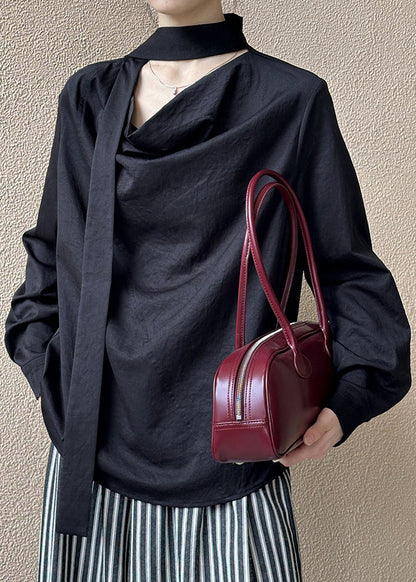 Black Loose Cotton Shirt Bow Long Sleeve