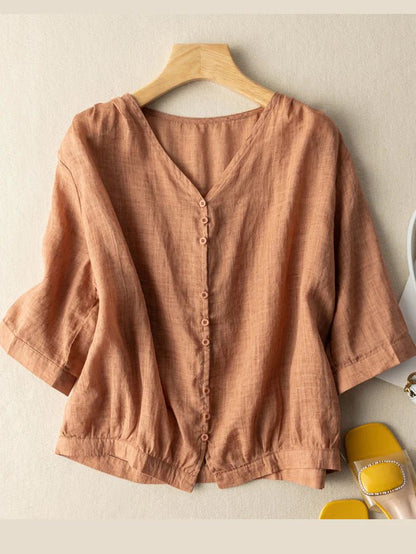Pure Color V Neck 3/4 Sleeve Linen Shirt Top