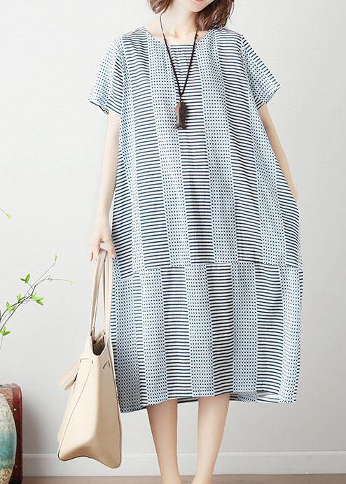 100% Light Blue Striped Cotton Long Shirts Patchwork Dresses Summer Dresses
