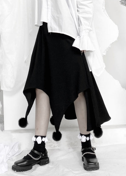Black Fuzzy Ball Decorated Asymmetrical Skirts