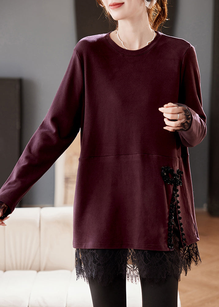 Purple Sequins Lace Patchwork T Shirt Spring