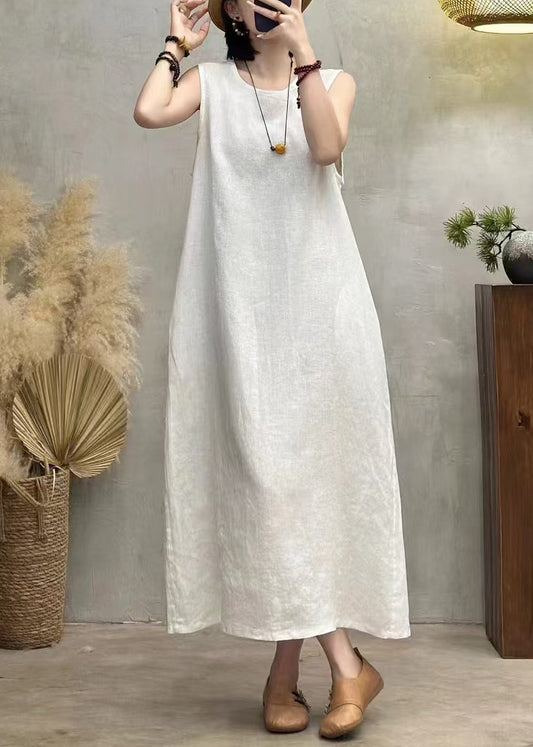New White O Neck Pockets Linen Long Dress Sleeveless