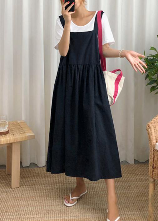 Style Spaghetti Strap Cinched Linen Cotton Clothes for Sewing Black Dress