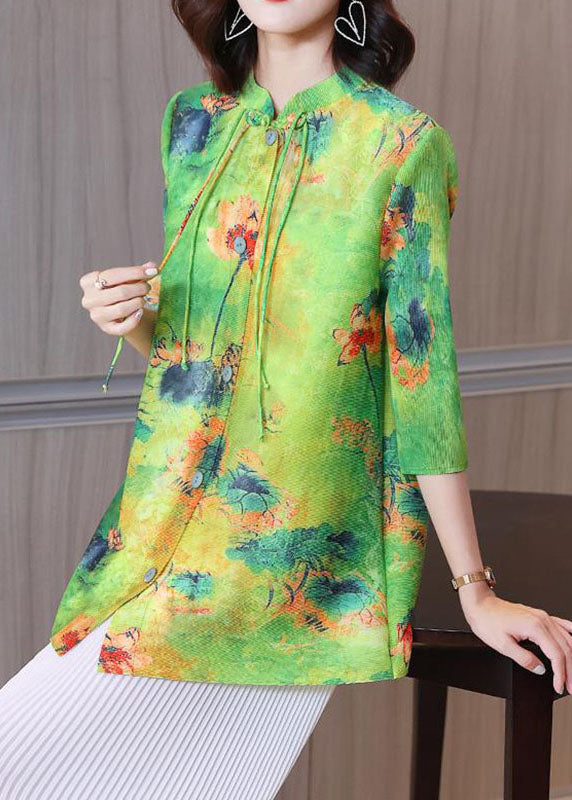 Green Stand Collar Print Tassel Shirt Bracelet Sleeve