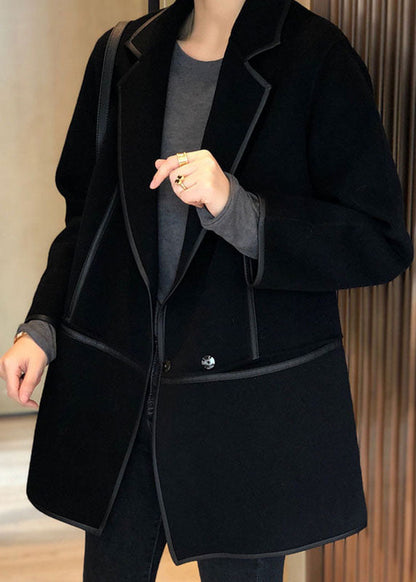 Black Notched Patchwork Pockets Wool Blend Coat Fall