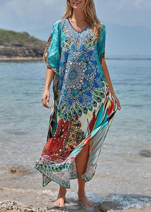 Blue Print Cotton V Neck Beach Gown Ankle Dress
