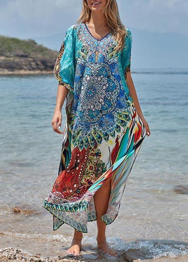 Blue Print Cotton V Neck Beach Gown Ankle Dress