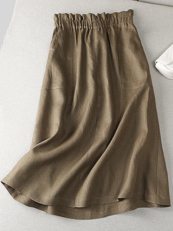 Color Elastic Waist A-line Linen Skirt
