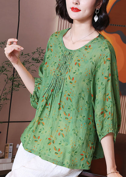 Green O Neck Print Wrinkled Patchwork Linen T Shirt Tops Summer