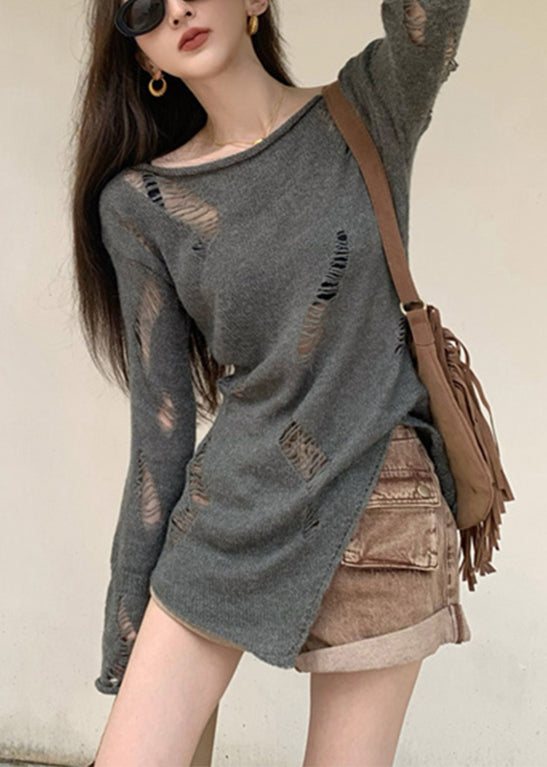 Grey Asymmetrical Hollow Out Knit Sweater Spring