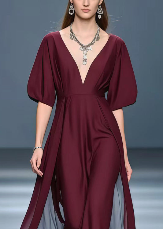 Mulberry Deep-v Neck Exra Large Hem Chiffon Vacation Dresses Summer