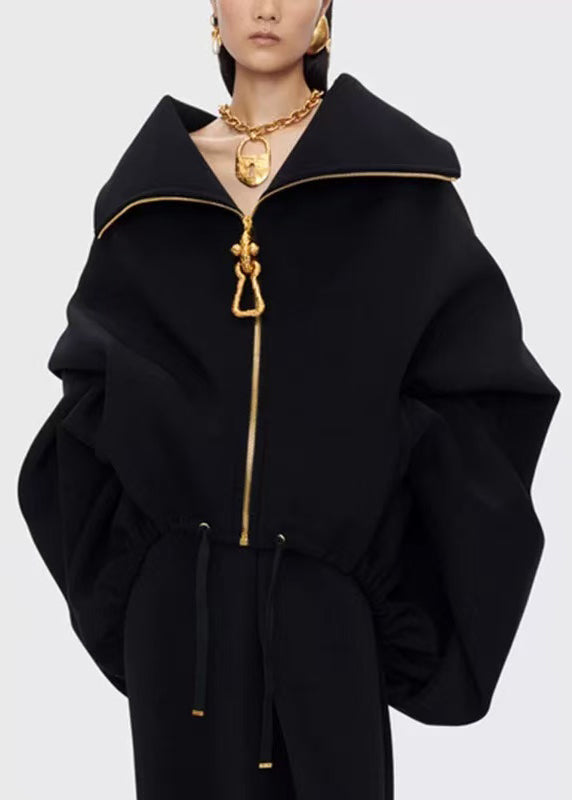 Black Zipper Drawstring Splicing Design Jacket Batwing Sleeve