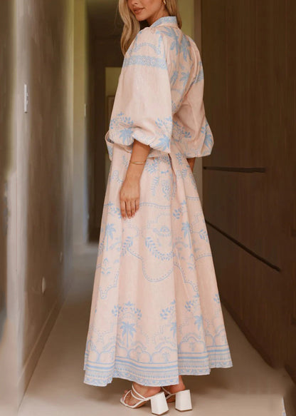 Blue Print Maxi Dresses Lantern Sleeve