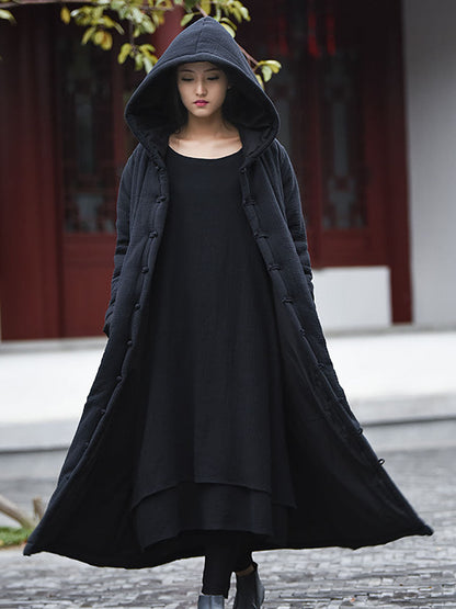 Winter Frog Pocket Hooded Long Coat