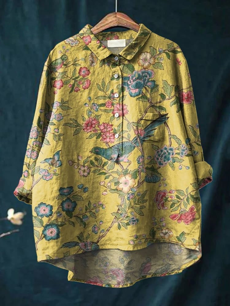 Women's Vintage Floral Birds Art Print Casual Shirt
