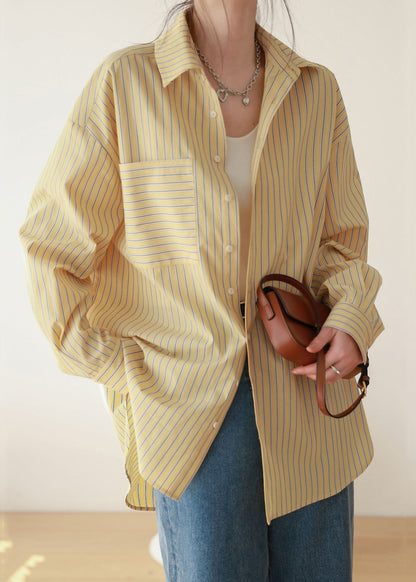 Loose Yellow Striped Button Patchwork Cotton Blouses Fall