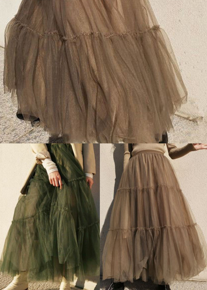 Simple Green Cinched High Waist Tulle Skirts Spring