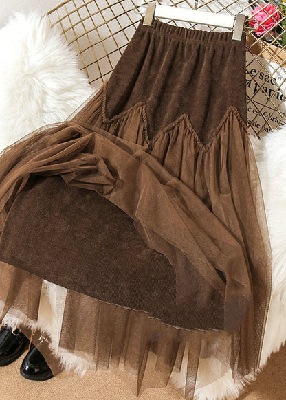 Coffee High Waist Patchwork Corduroy Wrinkled Tulle Skirt Spring