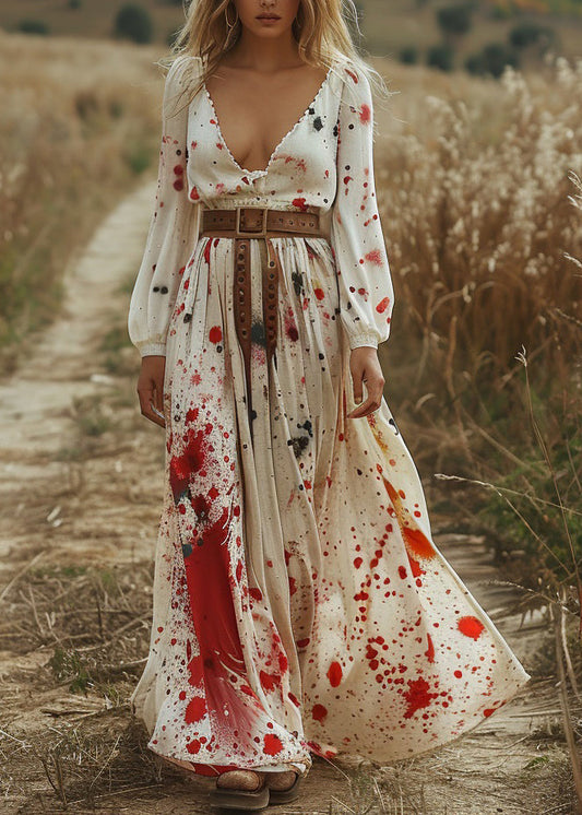 Beige V Neck Print Cotton Long Dress Spring
