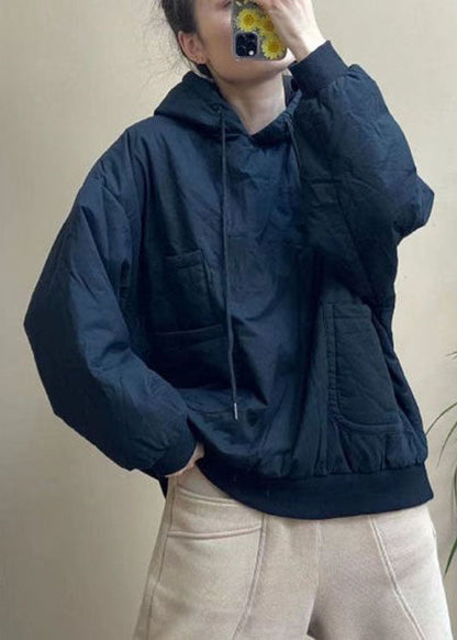 Blue Pockets Drawstring Winter Cotton Hooded Sweatshirt
