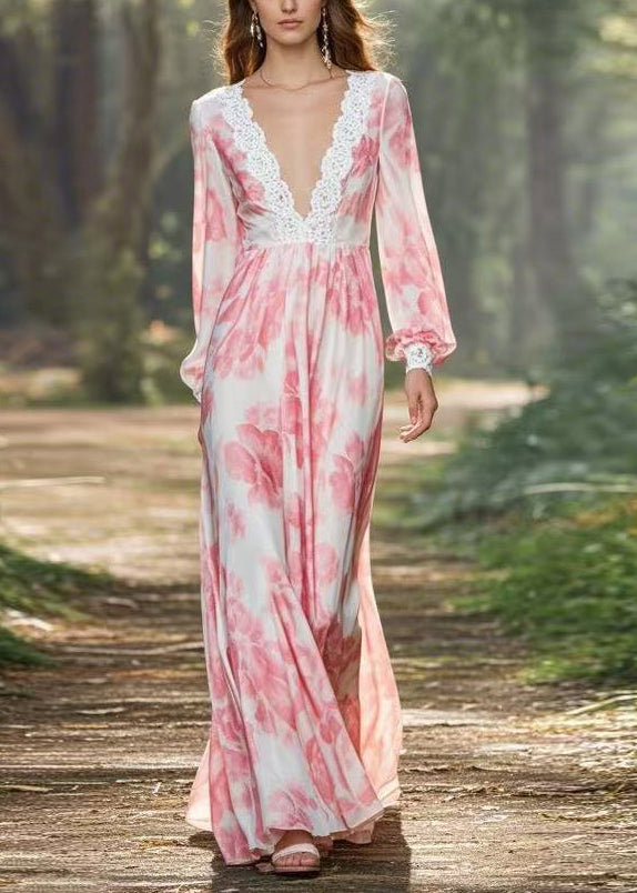 Pink V Neck Print Chiffon Long Dresses Spring