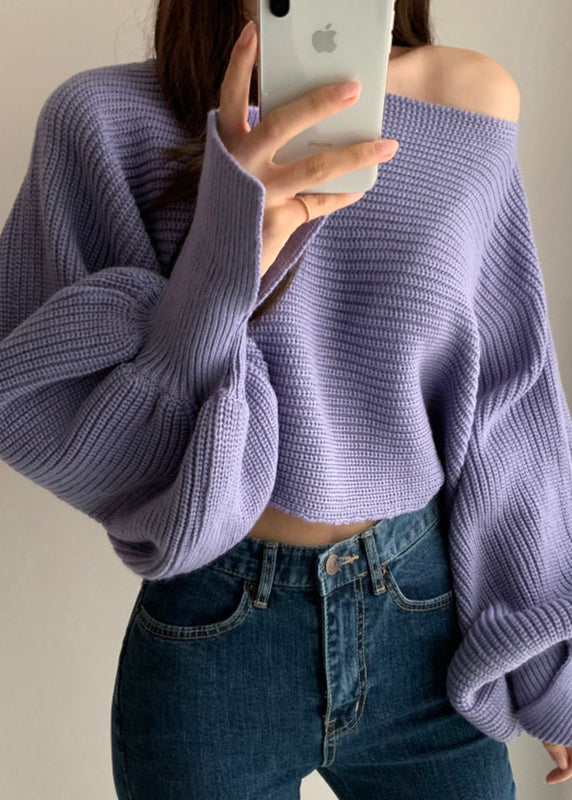 White Slash Neck Knit Short Sweater Tops Batwing Sleeve