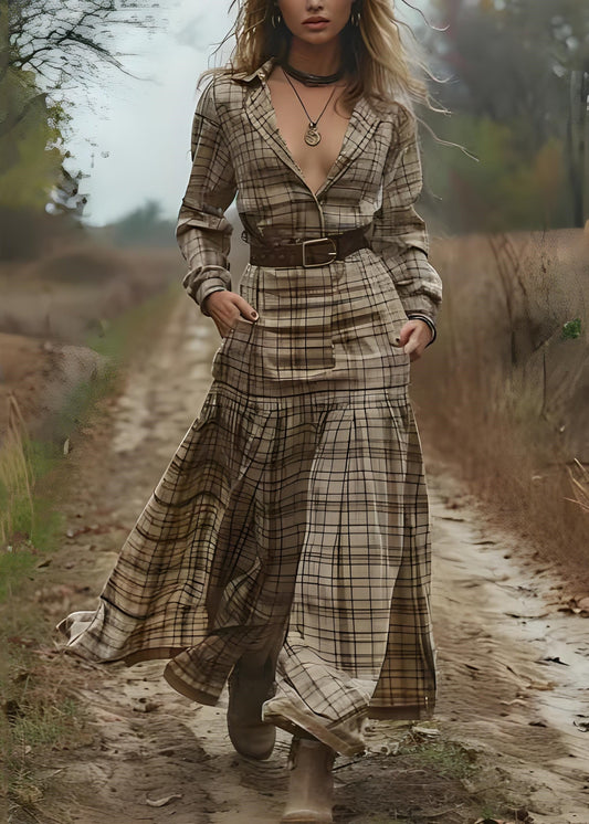 Peter Pan Collar Plaid Patchwork Cotton Long Dress Spring