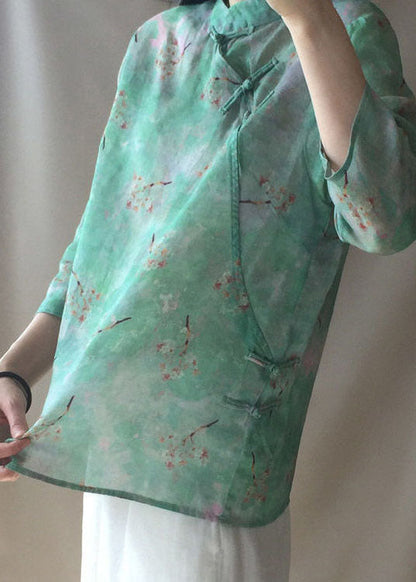 Light Green Button Stand Collar Print Tops Spring