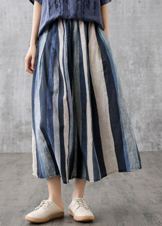 Navy Retro Striped a Line Summer Skirts Linen
