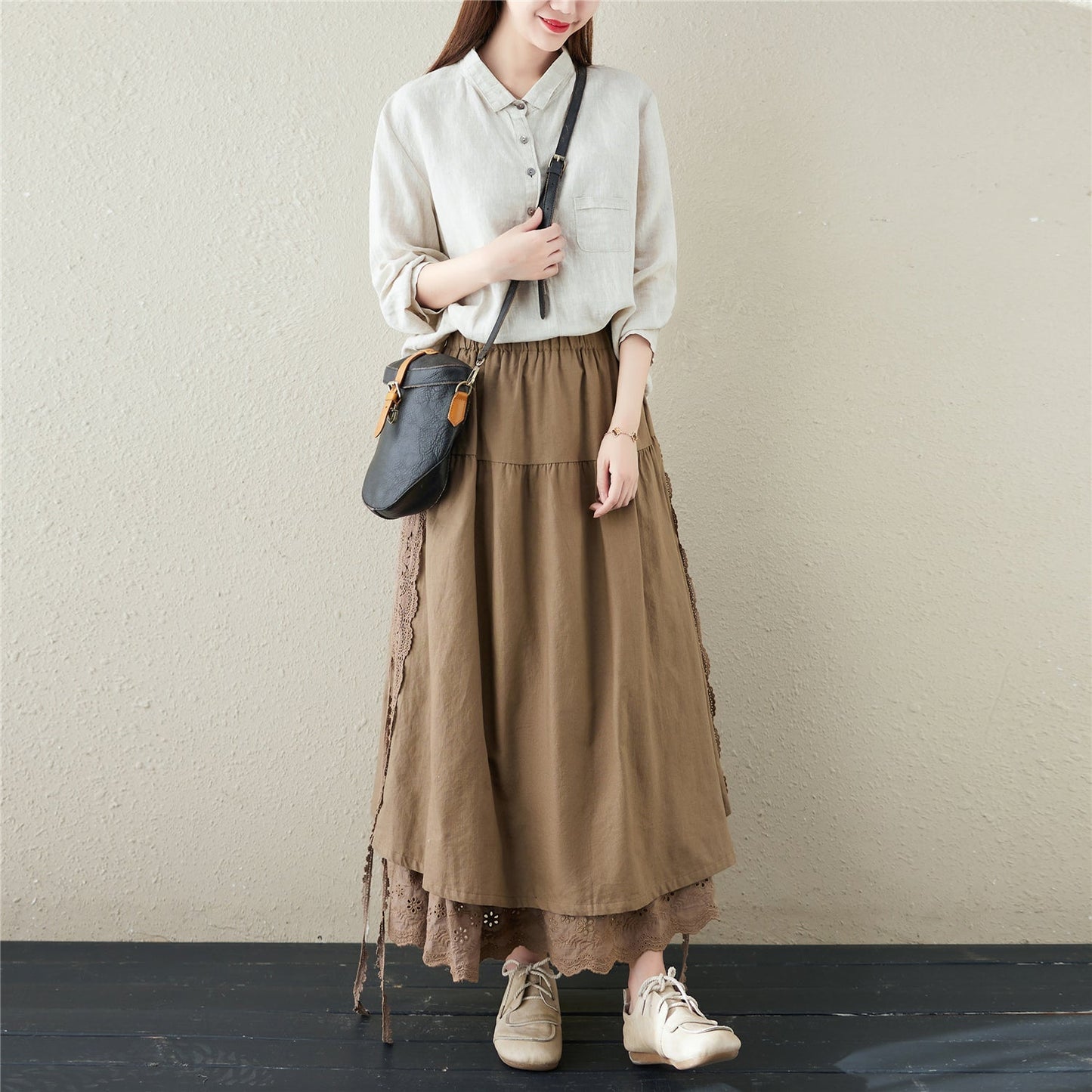 Retro Linen Hollow Embroidery Skirt