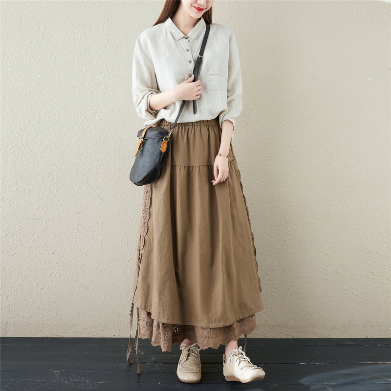 Retro Linen Hollow Embroidery Skirt