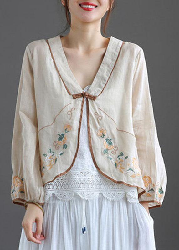 Green V Neck Embroidered Summer Ramie Cardigan Long Sleeve