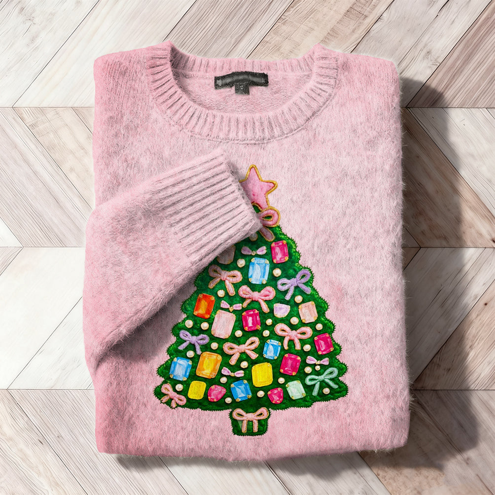 Comstylish Christmas Rhinestone Tree Embroidered Cozy Knit Sweater