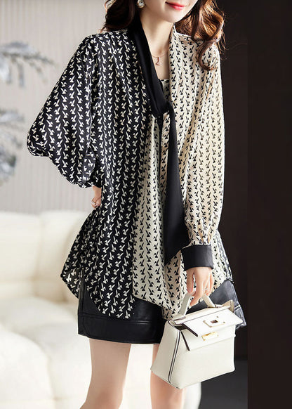 Black V Neck Contrast Color Print Chiffon Shirt Fall