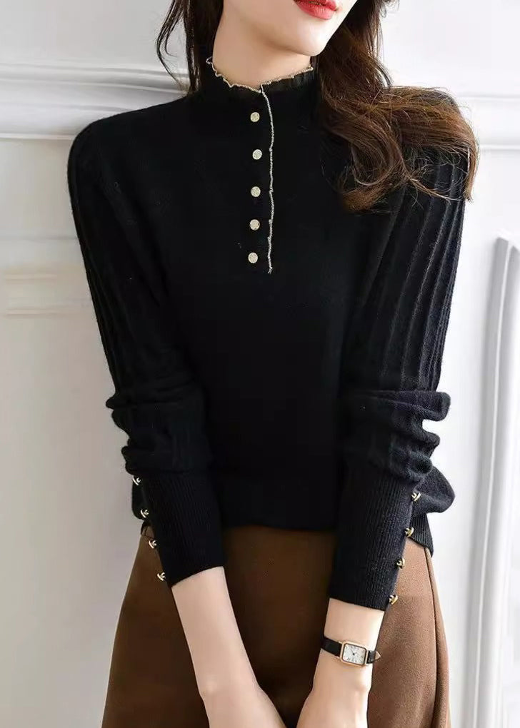 Black Ruffled Button Patchwork Knit Sweaters Long Sleeve