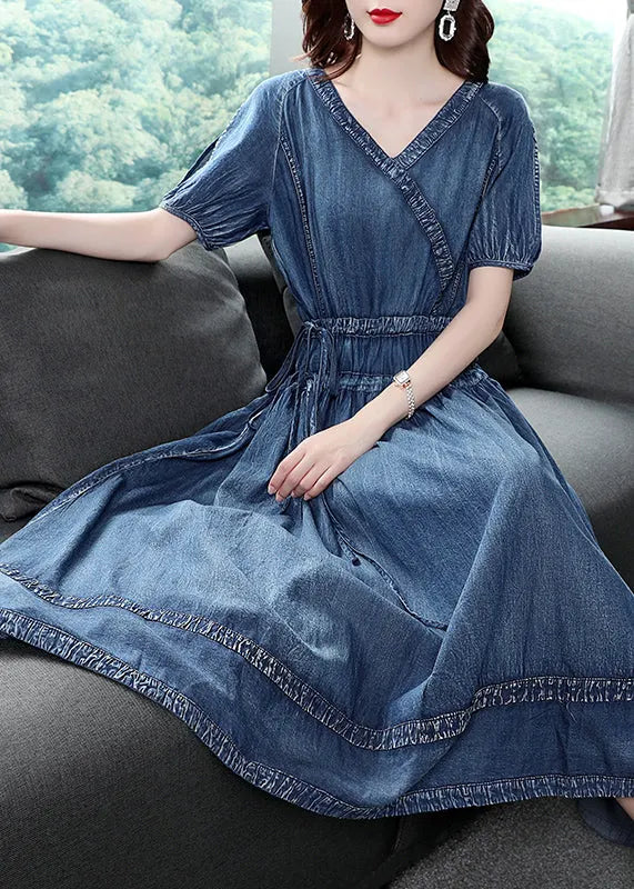 Blue V Neck Patchwork Cotton Denim Pleated Cinch Dress Short Sleeve