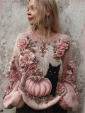 Black Cat & Pink Pumpkin Floral Beaded Cozy Knit Sweater elevenforest