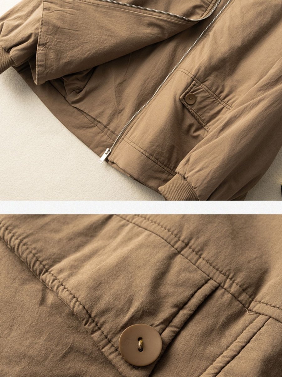 100% Natural Fabric Zipper Round Neck Long Sleeve Coat