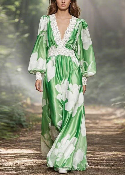 Diy Green V Neck Print Patchwork Silk Robe Dresses Lantern Sleeve