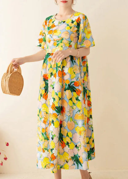 Italian Yellow Print Tunics O Neck Patchwork Loose Summer Dresses